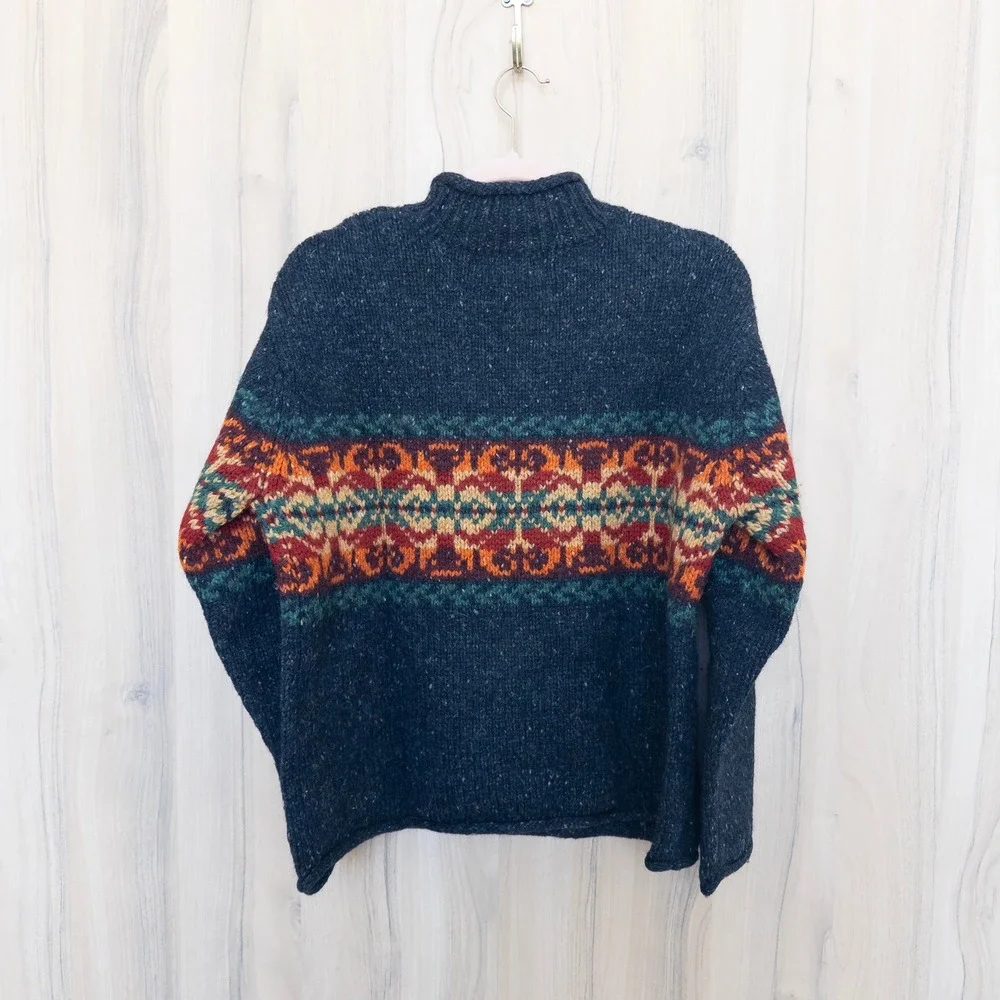 Vintage Mens Roll Neck Fair Isle Sweater Small Navy Wool Nordic Heritage Cabin